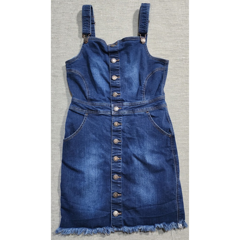 Wax Jean Womens Dark Wash Button Front Denim Pinafore Dress Frayed Hem Size M